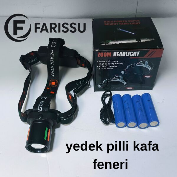 25-30W 6800mAh Zoomlu Kafa Feneri – 1000 Lümen, 1 KM Menzil, 4 Adet 18650 Pil yedek pilli
