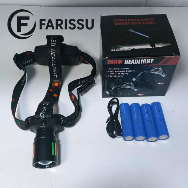 25-30W 6800mAh Zoomlu Kafa Feneri – 1000 Lümen, 1 KM Menzil, 4 Adet 18650 Pil yedek pilli