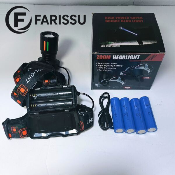 25-30W 6800mAh Zoomlu Kafa Feneri – 1000 Lümen, 1 KM Menzil, 4 Adet 18650 Pil yedek pilli