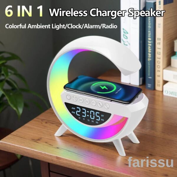 6'sı 1 Arada Çok Fonksiyonlu RGB Gece Lambası, Kablosuz Şarjlı Bluetooth Hoparlör ve Alarm Saat