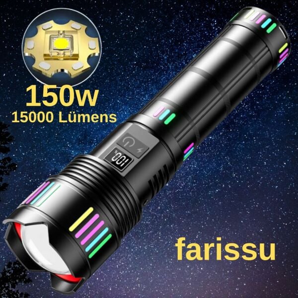 Gold Kama GK-63 Ultra Güçlü LED El Feneri - 150W, 15000 Lümen, Lazer Fonksiyonlu