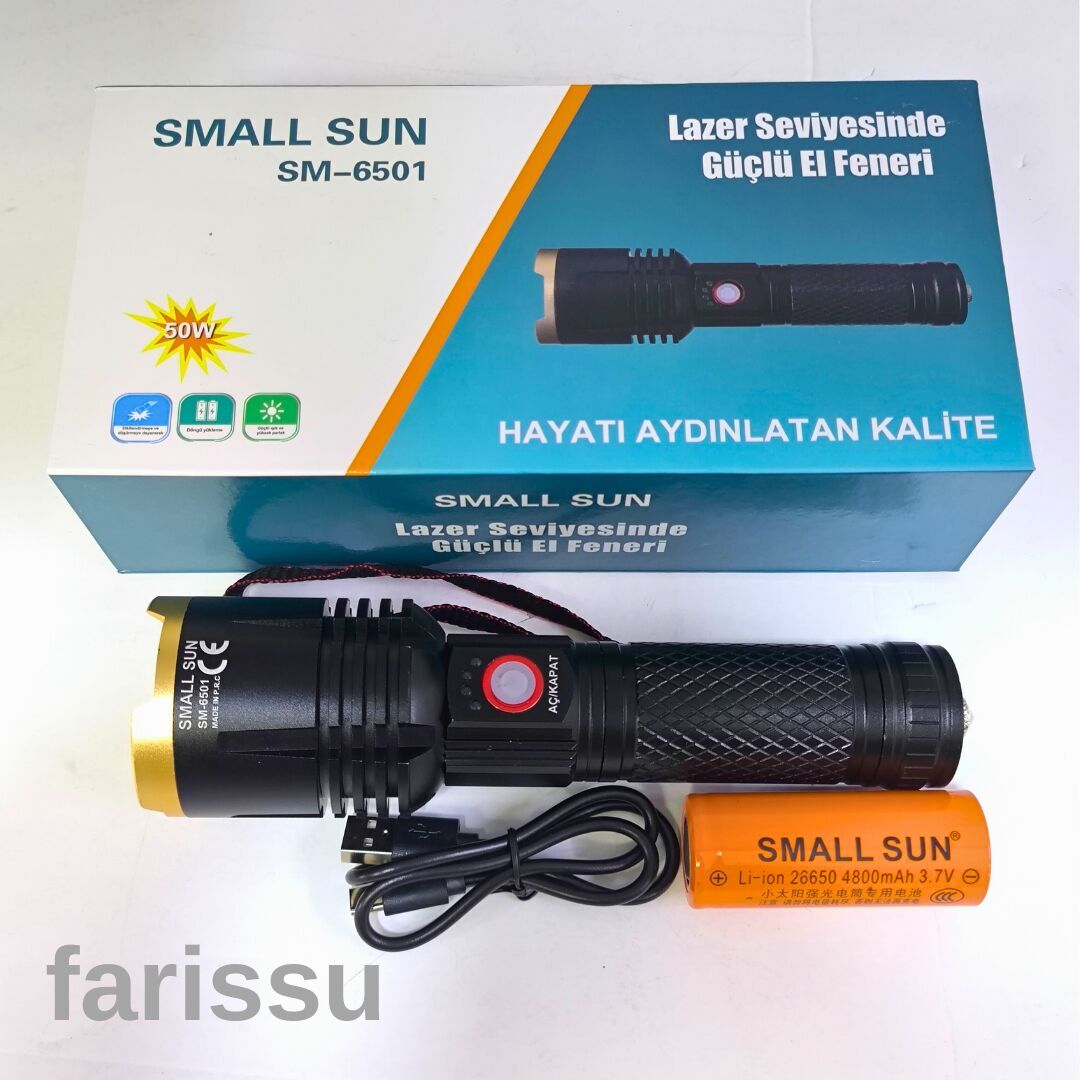 Small Sun SM-6501 Yüksek Güçlü, Şarj Edilebilir ve Odaklanabilir El Feneri - 800 Metre Menzil