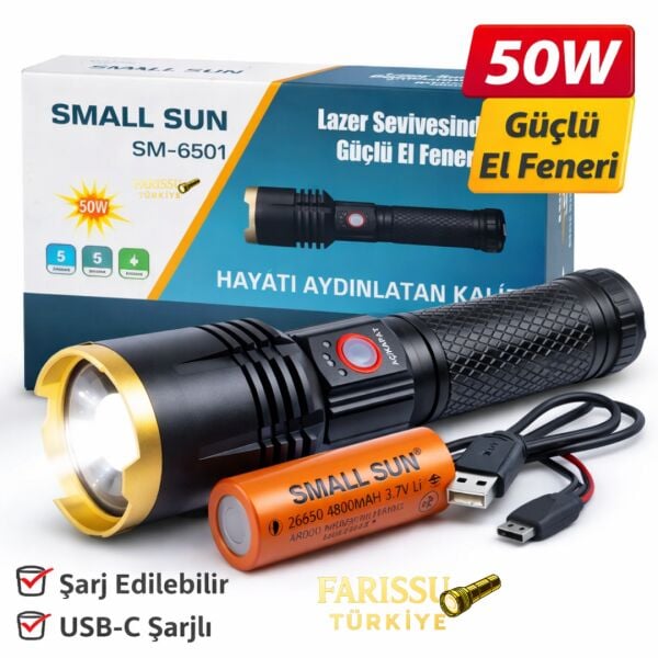 Small Sun SM-6501 50W Şarjlı LED El Feneri - 800 Metre Menzilli, USB-C ve Zoom Özellikli