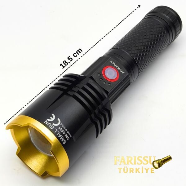 Small Sun SM-6501 50W Şarjlı LED El Feneri - 800 Metre Menzilli, USB-C ve Zoom Özellikli