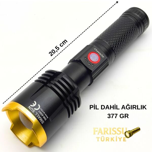 Small Sun SM-6501 50W Şarjlı LED El Feneri - 800 Metre Menzilli, USB-C ve Zoom Özellikli