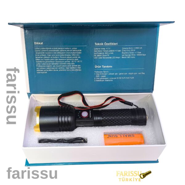Small Sun SM-6501 50W Şarjlı LED El Feneri - 800 Metre Menzilli, USB-C ve Zoom Özellikli