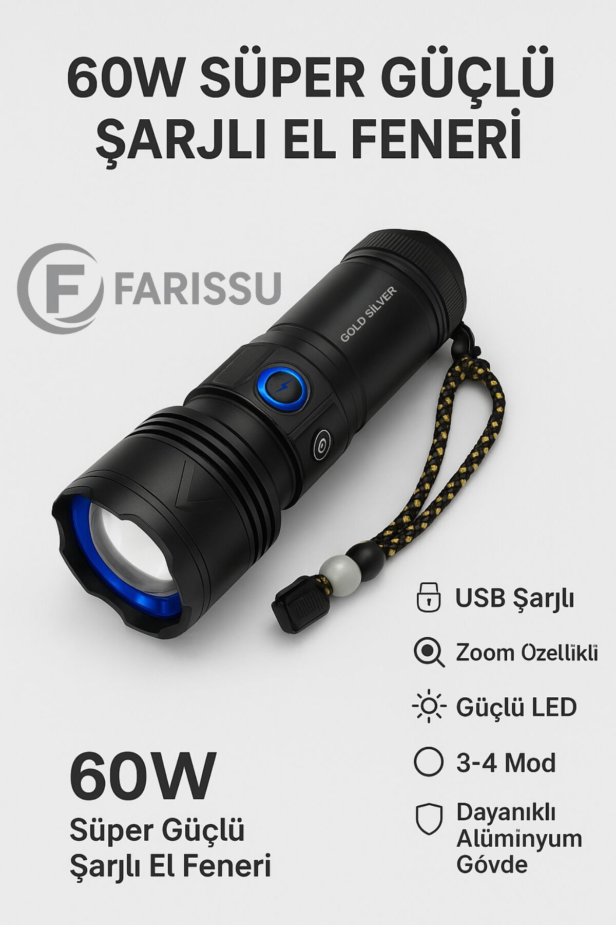 GOLD SILVER GS-4700 Profesyonel Ultra Işık Gücü | 4 Modlu, Zoomlu, Alüminyum Gövdeli Fener