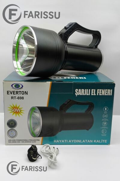 EVERTON RT-698 Şarjlı LED Projektör Fener - 50W Güç, 2000M Menzil ve Powerbank Özelliği