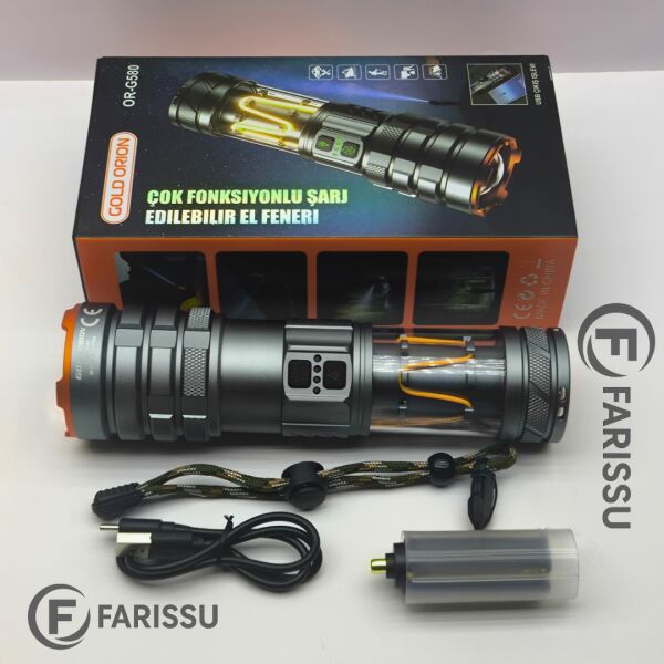 OR-G580: 100W, 5000 Lümen Şarj Edilebilir Çok Fonksiyonlu El Feneri  8800 mAh Powerbank Özellikli