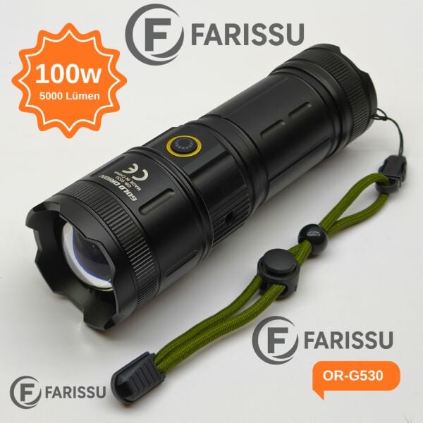OR-G530 Alüminyum Gövdeli Güçlü Şarjlı Fener | 100W, 5000 Lümen, 9000 mAh Powerbank Özellikli