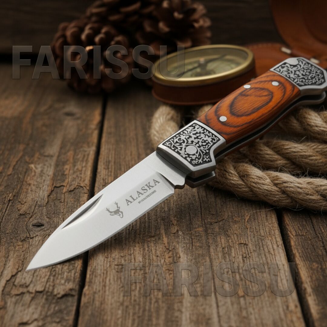 Alaska Ahşap Saplı Katlanır Av Bıçağı - Kılıflı Cep Bıçağı
