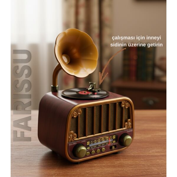 Retro Gramofon Görünümlü Bluetooth'lu FM/AM/SW 3 Bant Radyo ve Müzik Çalar (Everton RT-738)