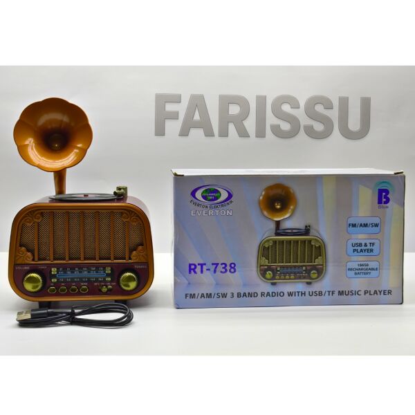 Retro Gramofon Görünümlü Bluetooth'lu FM/AM/SW 3 Bant Radyo ve Müzik Çalar (Everton RT-738)