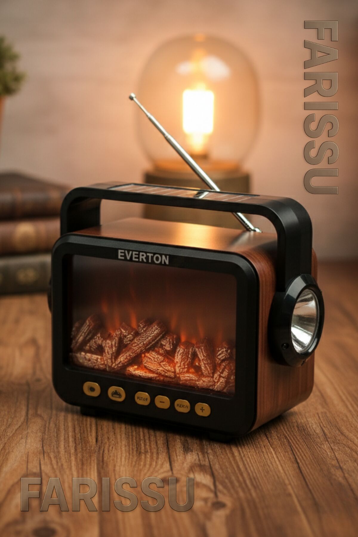 RT-734 Gerçek Eskitme Görünümlü Şömine Efektli Nostaljik Radyo | Güneş Enerjili, Bluetooth'lu, Fenerli