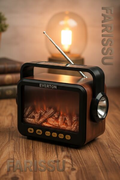 RT-734 Gerçek Eskitme Görünümlü Şömine Efektli Nostaljik Radyo | Güneş Enerjili, Bluetooth'lu, Fenerli