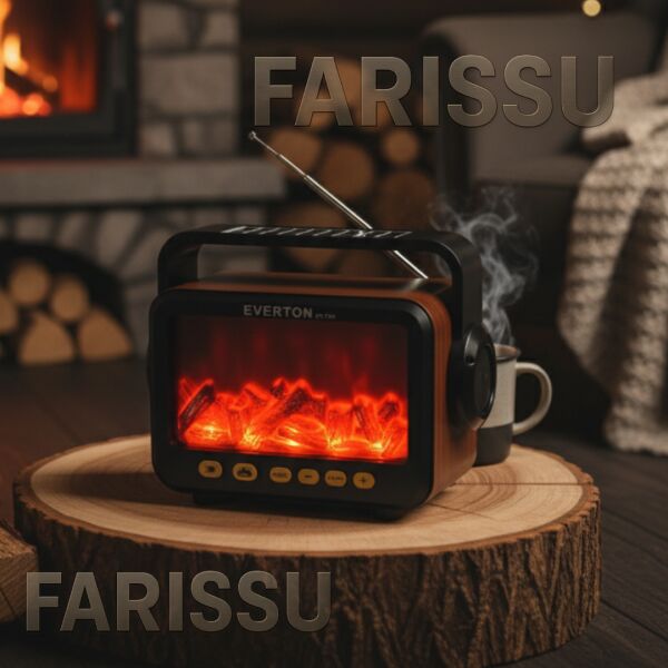 RT-734 Gerçek Eskitme Görünümlü Şömine Efektli Nostaljik Radyo | Güneş Enerjili, Bluetooth'lu, Fenerli