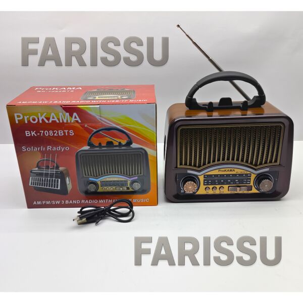 BK-7082BTS Solar Şarjlı Retro Tasarım Radyo - Bluetooth, USB/TF Kart Girişli, El Fenerli (17x13x8 cm)