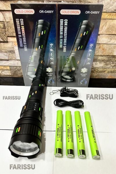 GOLD ORION OR-G400Y: 100W Ultra Güçlü, Zoomlu ve Çok Fonksiyonlu Şarjlı El Feneri