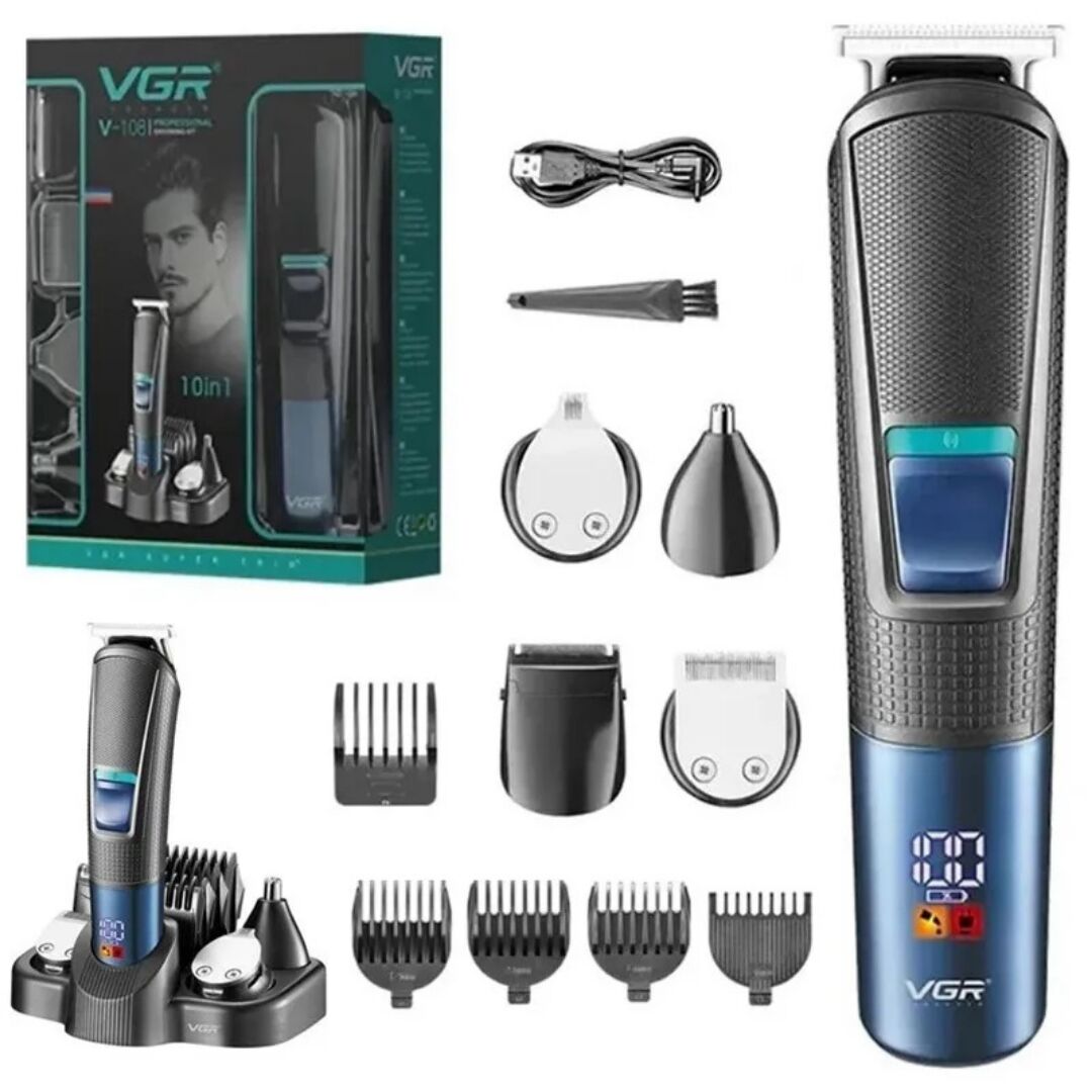 V-108 10 in 1 Profesyonel Erkek Bakım Seti - Standlı, LED Ekranlı Saç Sakal ve Vücut Tıraş Makinesi