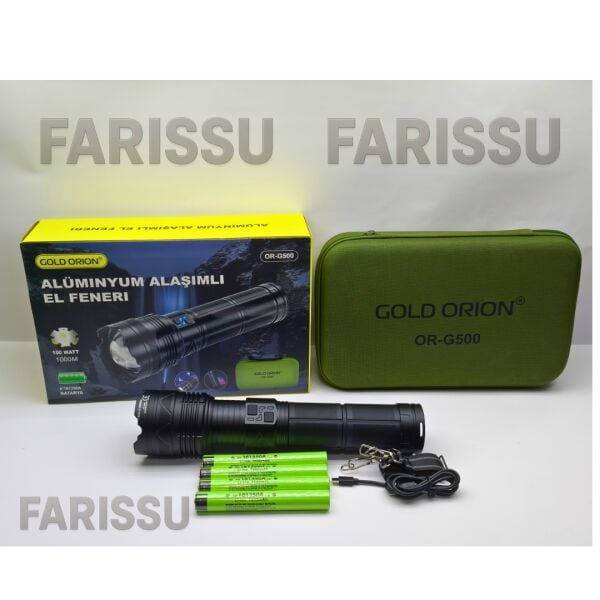 OR-G500 100W Ultra Güçlü Şarj Edilebilir El Feneri - Powerbank Özellikli, 1000 Metre Teleskopik Zoomlu