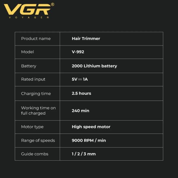VGR V-992 Profesyonel 9000 RPM Yüksek Hız Metal Gövde Şarjlı Saç ve Sakal Çizim Makinesi