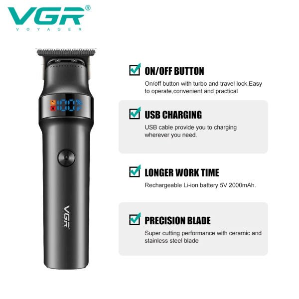 VGR V-987 Profesyonel Seramik Bıçaklı Sakal ve Ense Çizim Makinesi - Turbo Modlu & 2000mAh Batarya Siyah