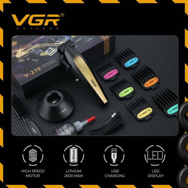 VGR V-270 Profesyonel Saç Kesme Makinesi, 9000 RPM Yüksek Hızlı Motor ve LED Ekran Sarı