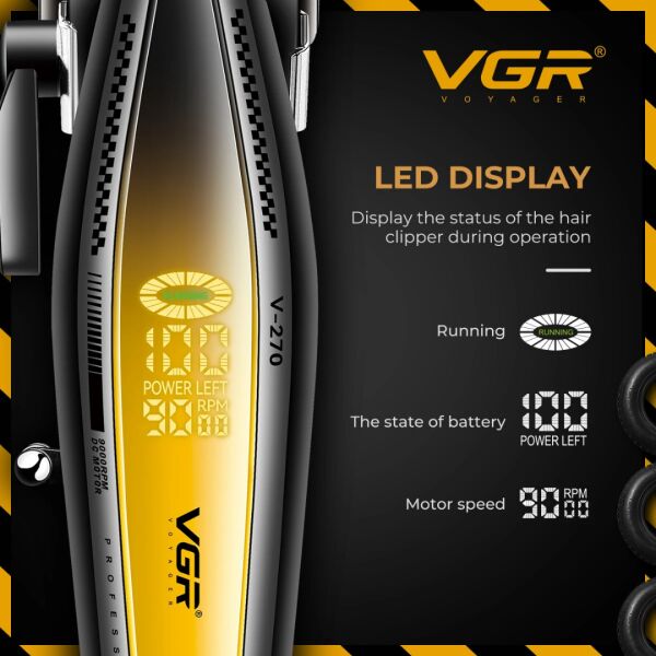 VGR V-270 Profesyonel Saç Kesme Makinesi, 9000 RPM Yüksek Hızlı Motor ve LED Ekran Sarı