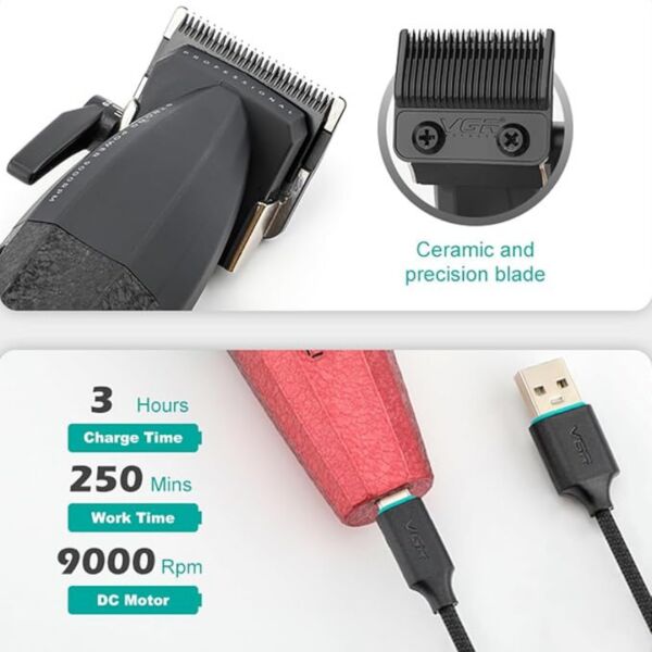 VGR V-640 Profesyonel Saç Kesme Makinesi – 9000 RPM, Paslanmaz Çelik, USB Şarjlı