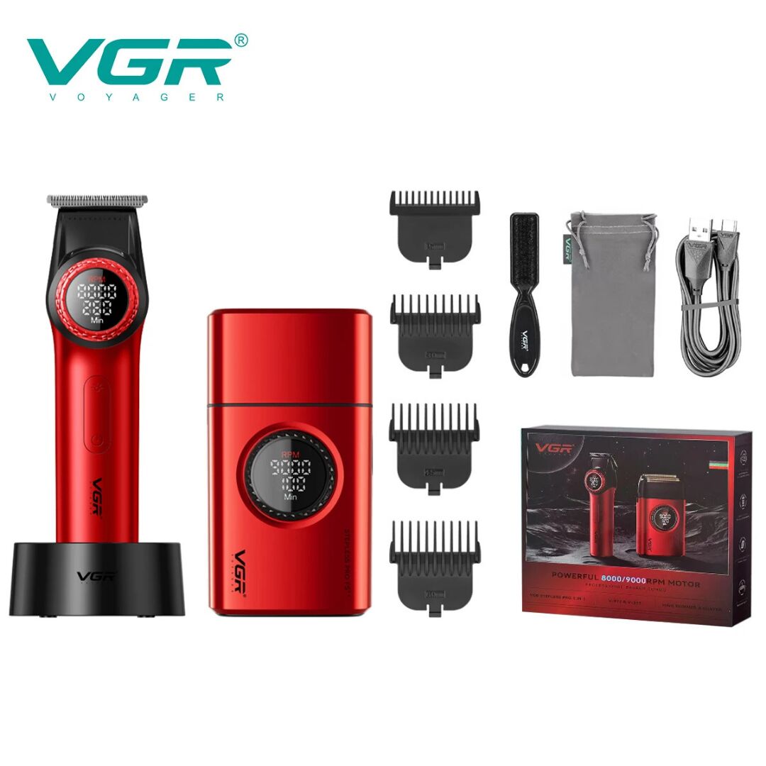 VGR V-977 & V-377 Profesyonel Saç, Sakal ve Günlük Tıraş Seti Kırmızı