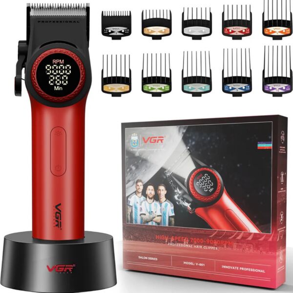 VGR V-001 Profesyonel  Berberler için Karbon Çelik Bıçak Saç Kesme Makinesi 9000RPM, LED Ekran Kırmızı