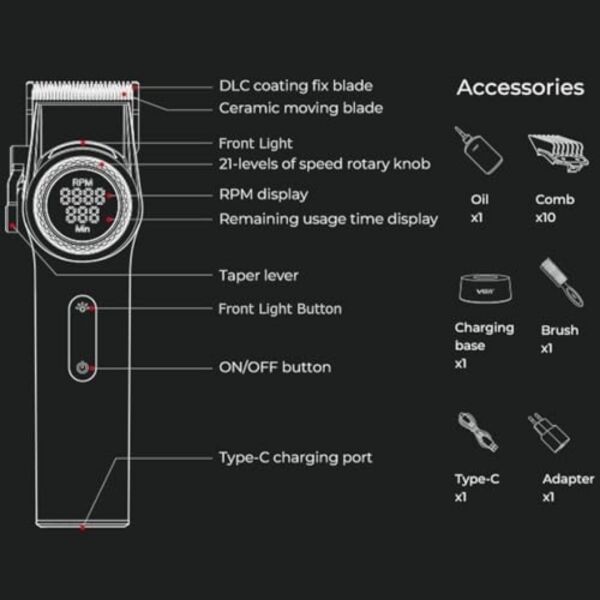 VGR V-001 Profesyonel  Berberler için Karbon Çelik Bıçak Saç Kesme Makinesi 9000RPM, LED Ekran Siyah