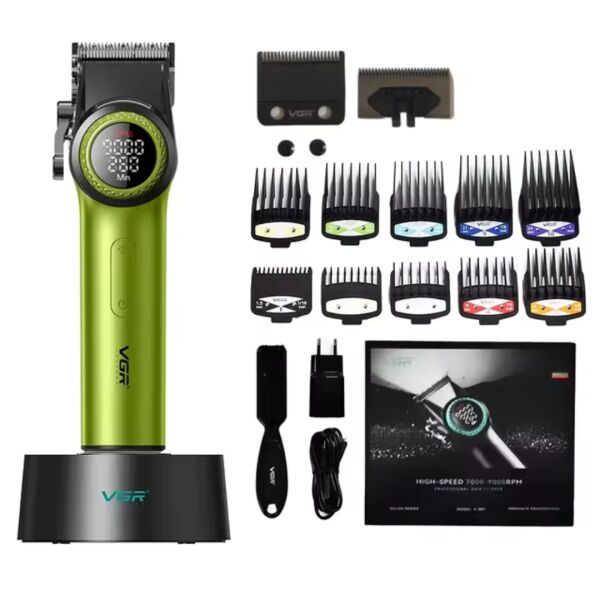 VGR V-001 Profesyonel  Berberler için Karbon Çelik Bıçak Saç Kesme Makinesi 9000RPM, LED Ekran Yeşil