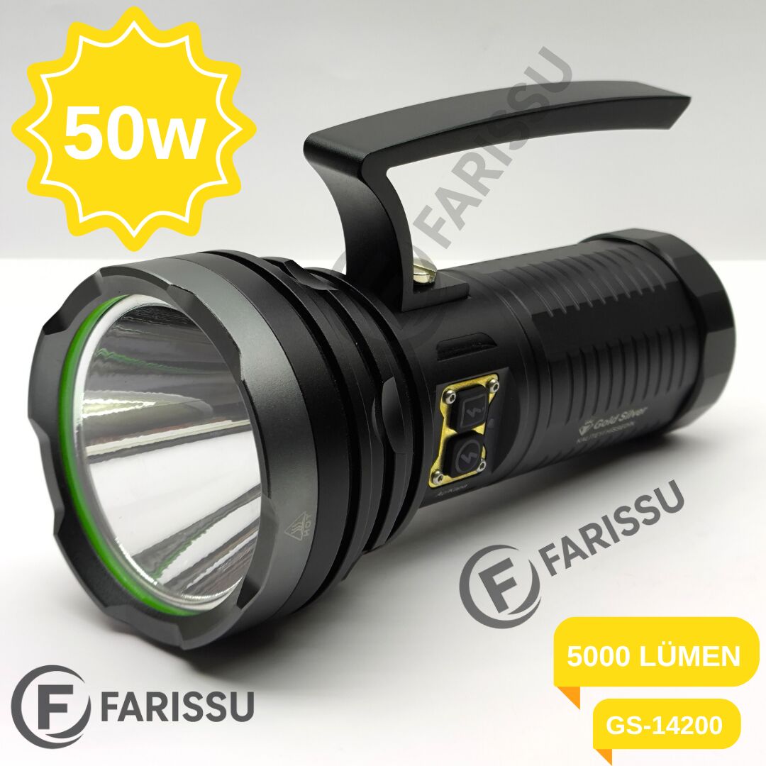 Gold Silver GS-14200 Profesyonel Şarjlı El Feneri 50W 5000 Lümen - Powerbank Özellikli