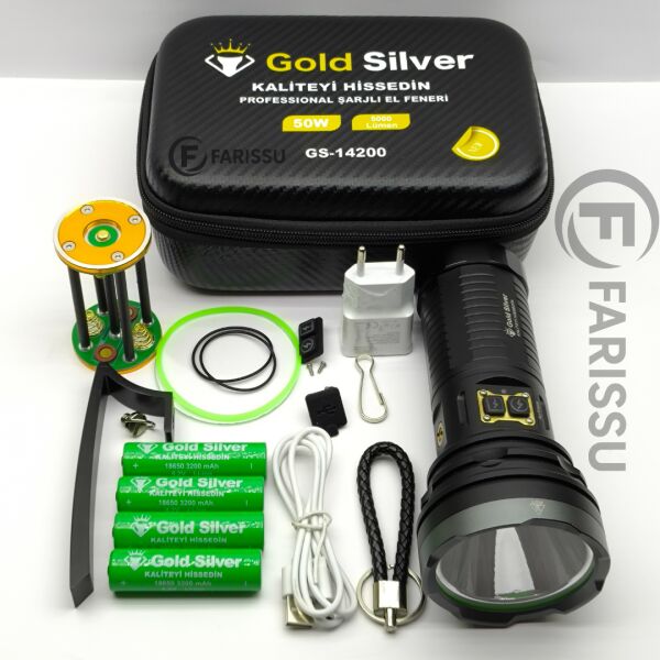 Gold Silver GS-14200 Profesyonel Şarjlı El Feneri 50W 5000 Lümen - Powerbank Özellikli