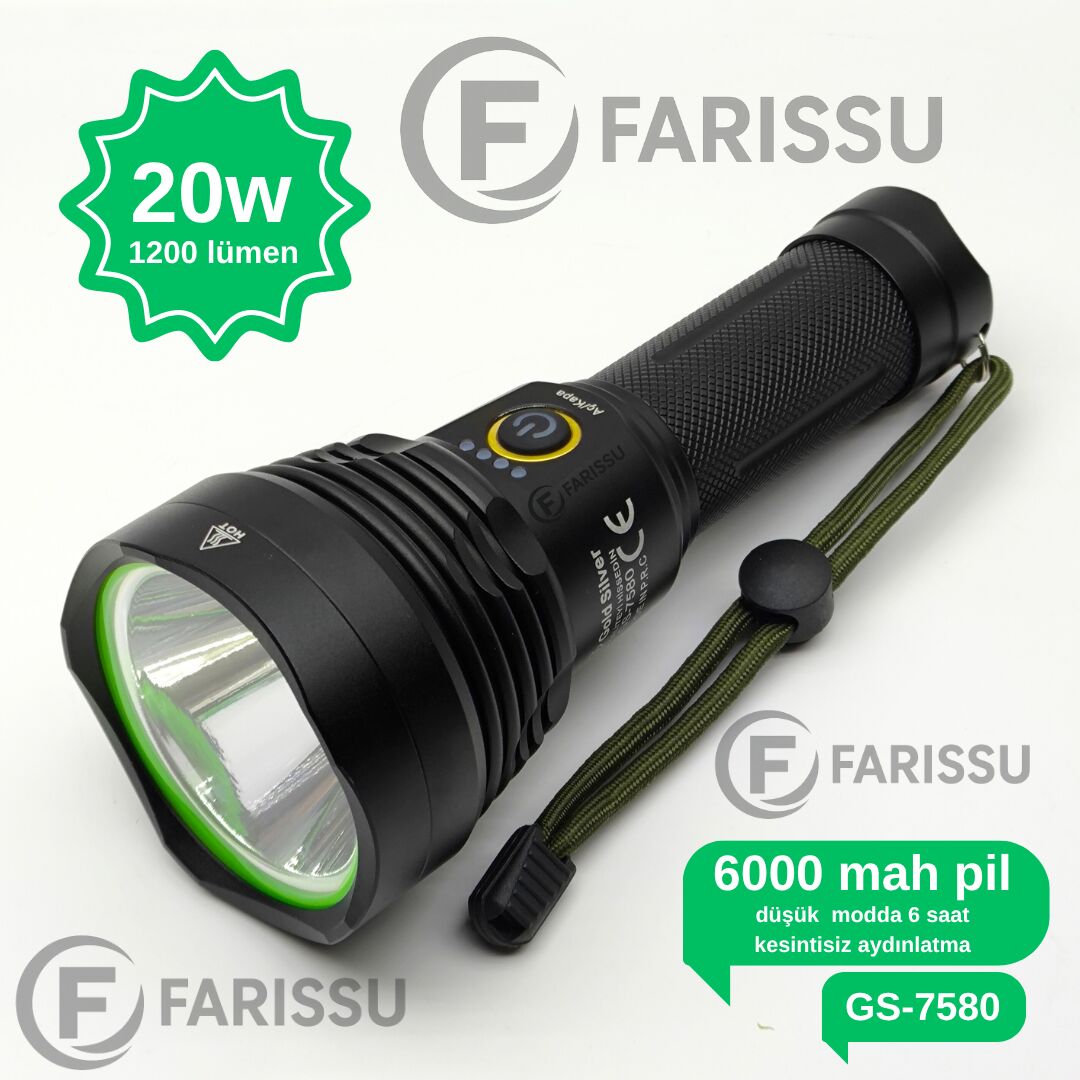 Gold Silver GS-7580 Profesyonel Şarjlı El Feneri - 20W, 1200 Lümen, 6000 mAh Batarya