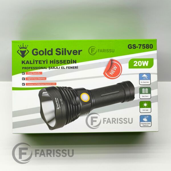 Gold Silver GS-7580 Profesyonel Şarjlı El Feneri - 20W, 1200 Lümen, 6000 mAh Batarya