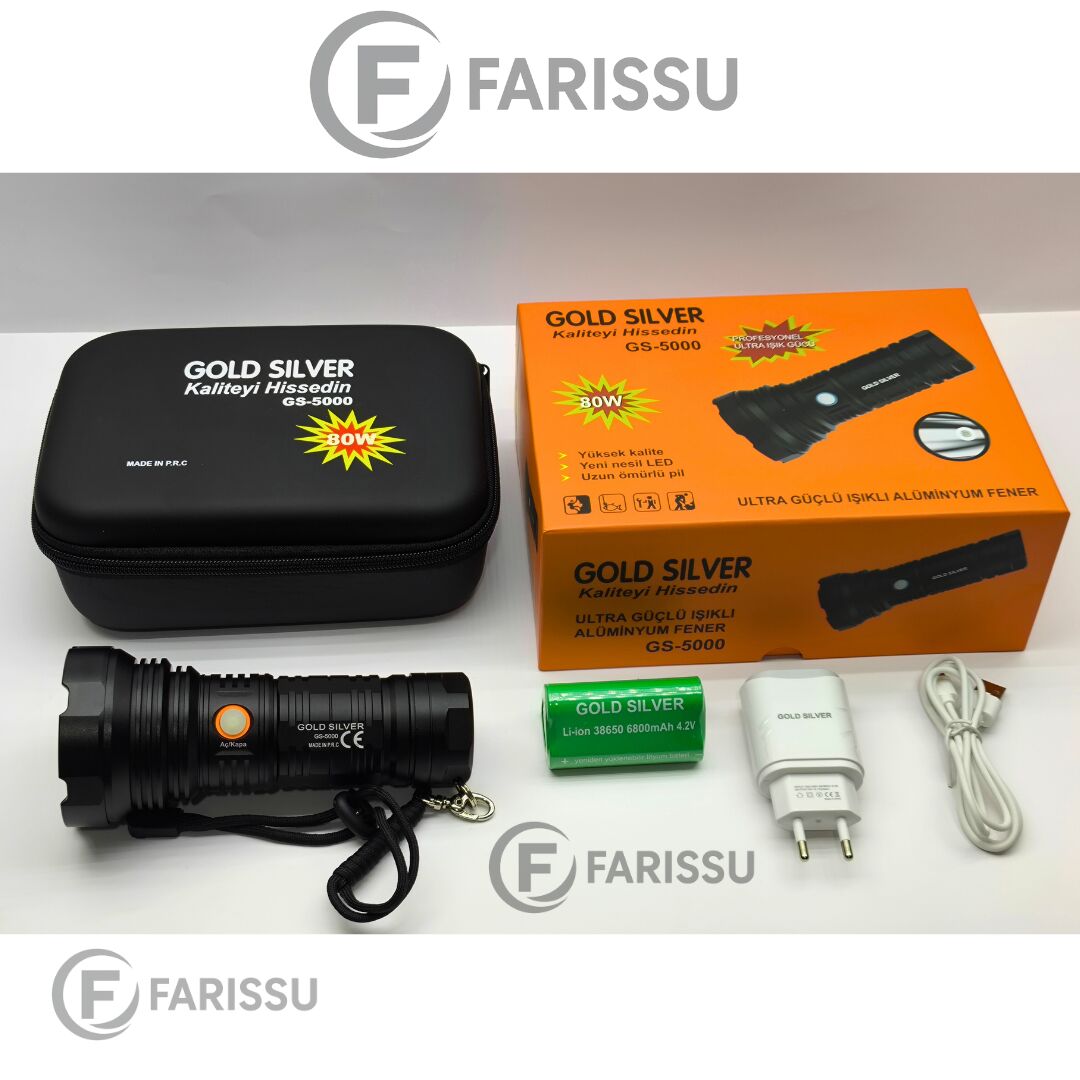 GOLD SILVER GS-5000 6800mAh Bataryalı, Uzun Ömürlü, Şarjlı El Feneri