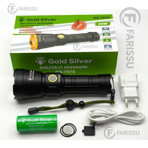 GS-7570 Şarjlı LED Fener - 20W, 1200 Lümen, 1.5 Km Zoom Menzil, 6000 mAh Batarya, Alüminyum Gövde