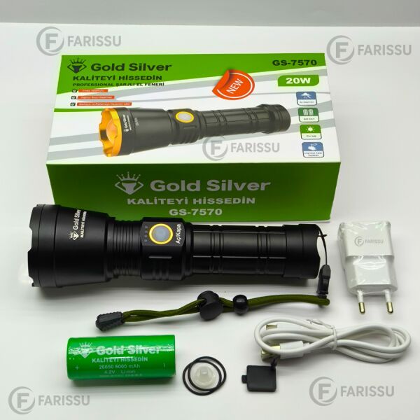GS-7570 Şarjlı LED Fener - 20W, 1200 Lümen, 1.5 Km Zoom Menzil, 6000 mAh Batarya, Alüminyum Gövde