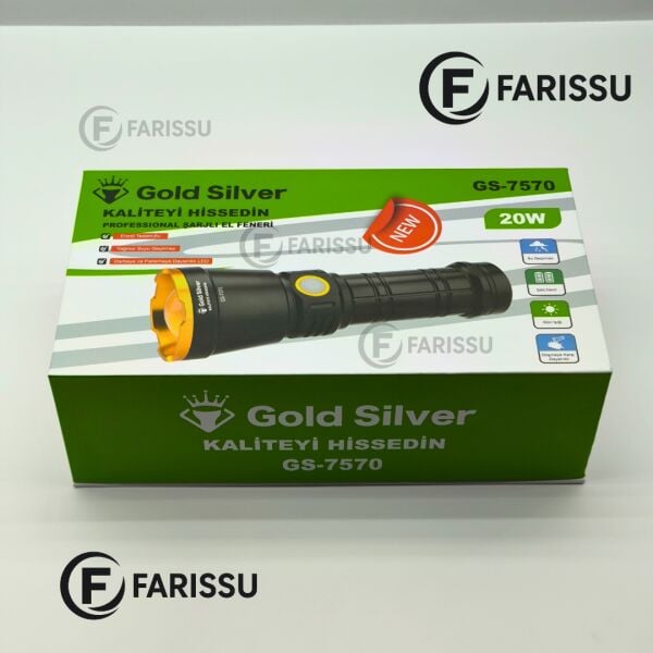 GS-7570 Şarjlı LED Fener - 20W, 1200 Lümen, 1.5 Km Zoom Menzil, 6000 mAh Batarya, Alüminyum Gövde