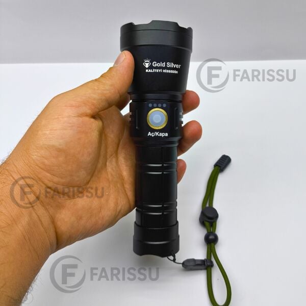 GS-7570 Şarjlı LED Fener - 20W, 1200 Lümen, 1.5 Km Zoom Menzil, 6000 mAh Batarya, Alüminyum Gövde