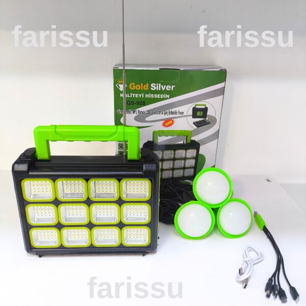 Gold Silver GS-908 200W Güneş Enerjili Şarjlı Fener - Bluetooth, USB, Radyo ve MP3 Özellikli