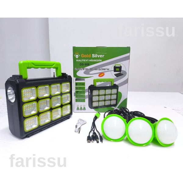 Gold Silver GS-908 200W Güneş Enerjili Şarjlı Fener - Bluetooth, USB, Radyo ve MP3 Özellikli