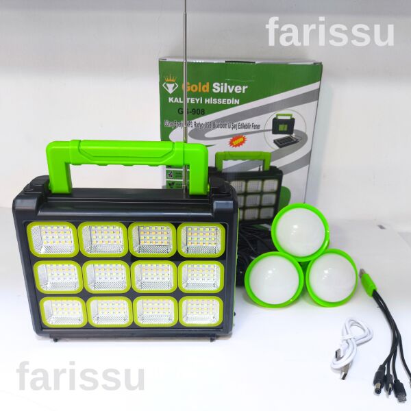 Gold Silver GS-908 200W Güneş Enerjili Şarjlı Fener - Bluetooth, USB, Radyo ve MP3 Özellikli