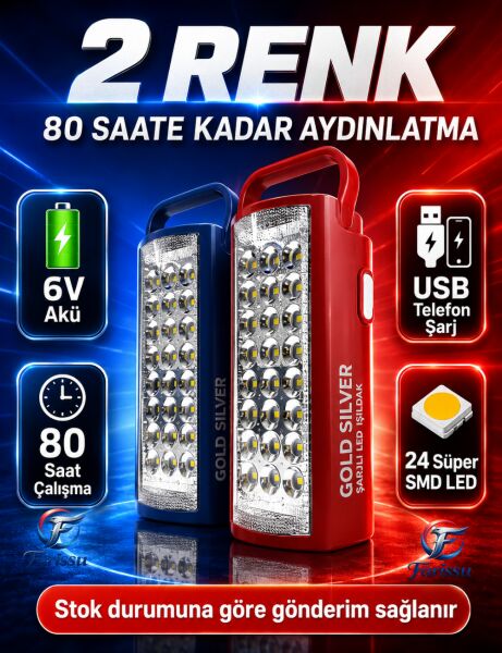 Telefon Şarj Edebilen Şarjlı Işıldak 24 Led USB 80 Saat Kesintisiz Işık Kamp Feneri Ledli Kamp Lambası
