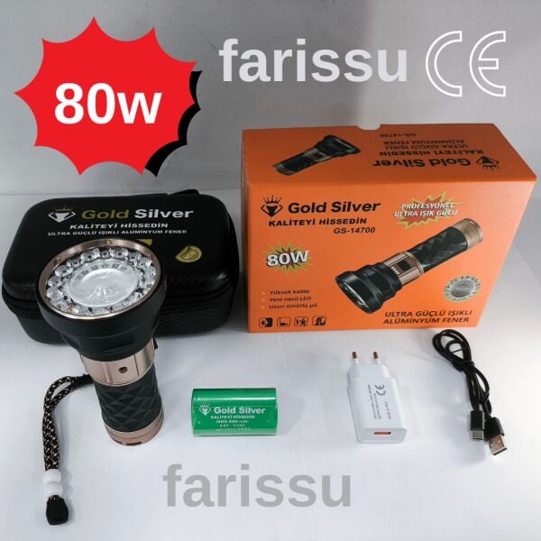 Gold Silver GS-14700 80W Şarjlı Avcı Feneri | 5000 Lümen | Alüminyum Gövde | 8000 mAh Pil