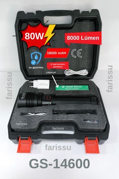 Gold Silver GS-14600 Şarjlı El Feneri | 80W 8000 Lümen - 18000 mAh Powerbank Özellikli