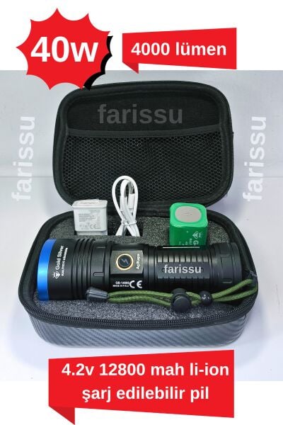Gold Silver GS-14000 Şarjlı El Feneri | 40W 4000 Lümen | 12800 mAh Li-ion | Kamp, Avcılık & Acil Durumlar