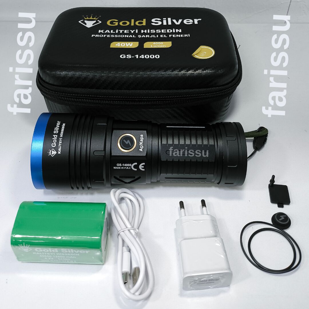Gold Silver GS-14000 Şarjlı El Feneri | 40W 4000 Lümen | 12800 mAh Li-ion | Kamp, Avcılık & Acil Durumlar